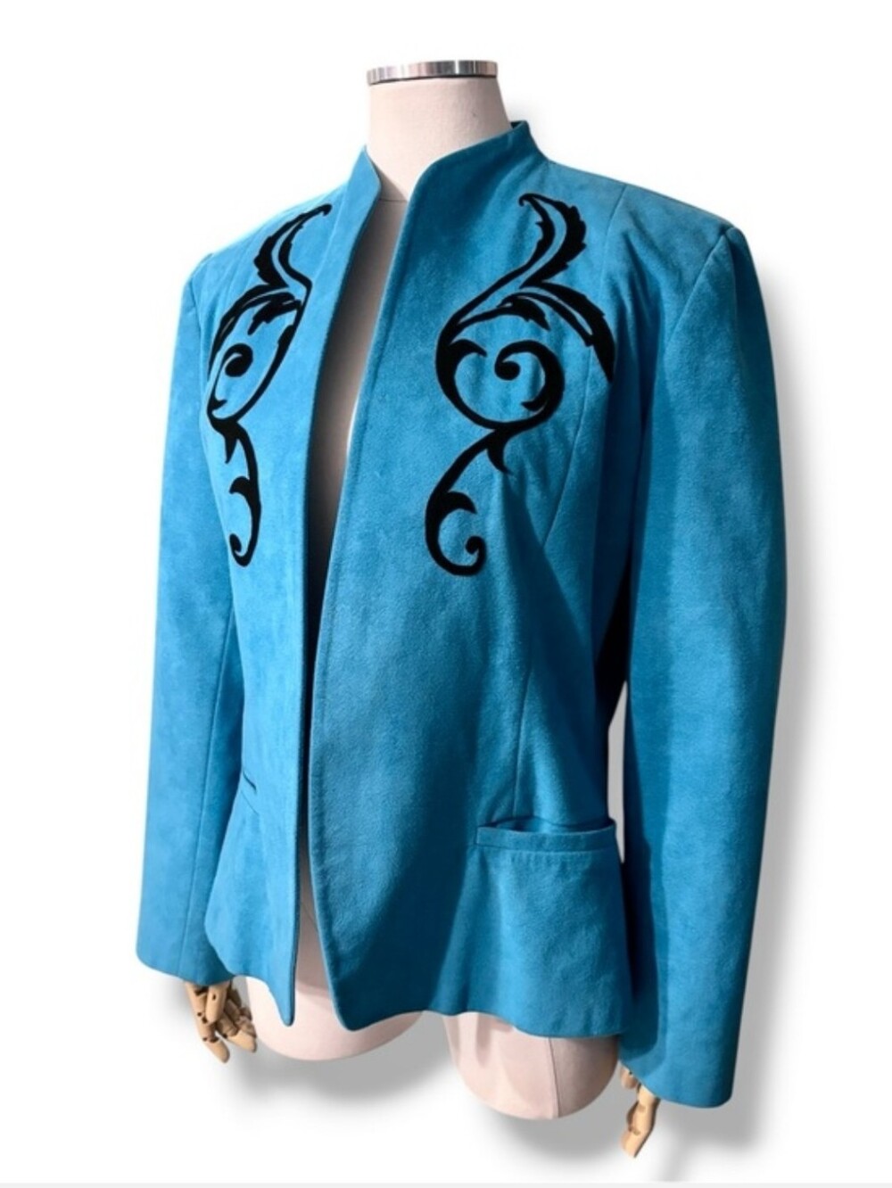 SAMUEL ROBERT by PETER HATSI ANDROU Blue Ultrasuede Blazer Black Appliqué